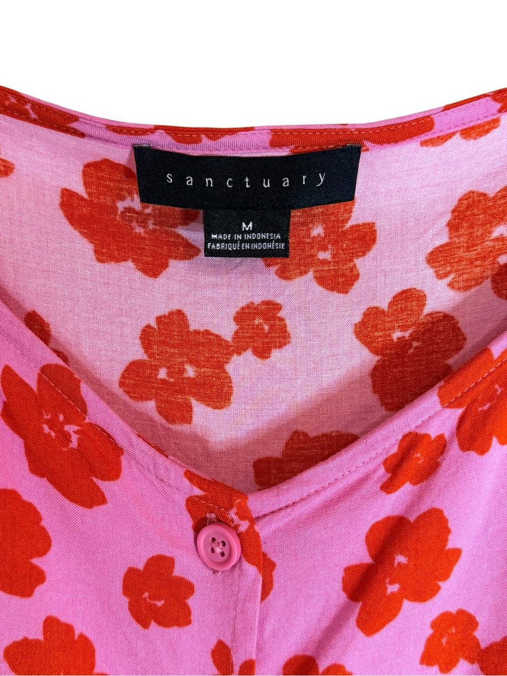 Sanctuary Pink Red Floral Button Front Puff Sleeve Blouse Medium - Picture 8 of 8